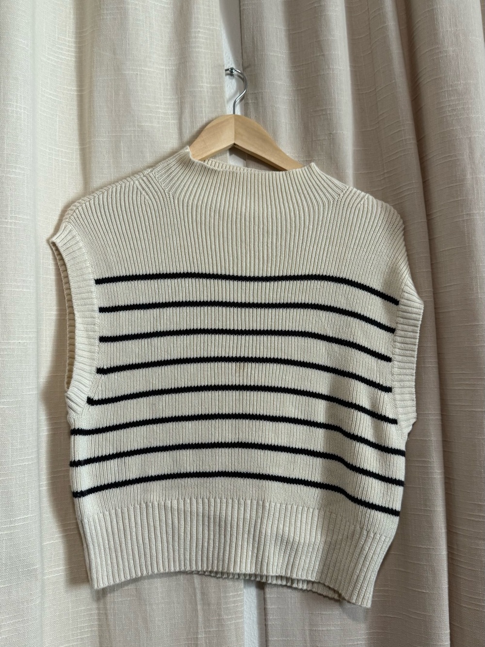 Maeve Cream and Black Striped mock neck Sleeveless Knit Vest